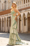 Sage Green Mermaid Ruffled Satin Corset Long Prom Dress with Appliques