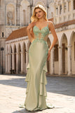 Sage Green Mermaid Ruffled Satin Corset Long Prom Dress with Appliques