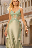 Sage Green Mermaid Ruffled Satin Corset Long Prom Dress with Appliques