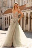 Sparkly A-Line Beaded Corset Peach Sequin Long Tulle Prom Dress with Slit