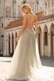 Sparkly A-Line Tulle Beaded Embroidered Champagne Long Prom Dress with Slit