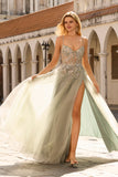 Dusty Sage Appliqued A-Line Corset Long Tulle Prom Dress with Slit