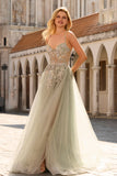 Dusty Sage Appliqued A-Line Corset Long Tulle Prom Dress with Slit