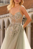 Sparkly A-Line Beaded Corset Peach Sequin Long Tulle Prom Dress with Slit