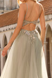 Sparkly A-Line Beaded Corset Peach Sequin Long Tulle Prom Dress with Slit