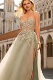 Dusty Sage Appliqued A-Line Corset Long Tulle Prom Dress with Slit