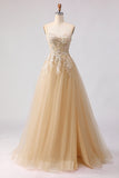 Sparkly A-Line Tulle Beaded Embroidered Champagne Long Prom Dress with Slit