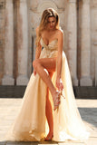 Sparkly A-Line Beaded Corset Peach Sequin Long Tulle Prom Dress with Slit