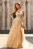 Sparkly A-Line Beaded Corset Peach Sequin Long Tulle Prom Dress with Slit