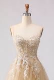 Sparkly A-Line Tulle Beaded Embroidered Champagne Long Prom Dress with Slit