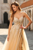 Sparkly A-Line Beaded Corset Peach Sequin Long Tulle Prom Dress with Slit