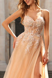 Dusty Sage Appliqued A-Line Corset Long Tulle Prom Dress with Slit