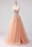 Sparkly A-Line Tulle Beaded Embroidered Peach Long Prom Dress with Slit