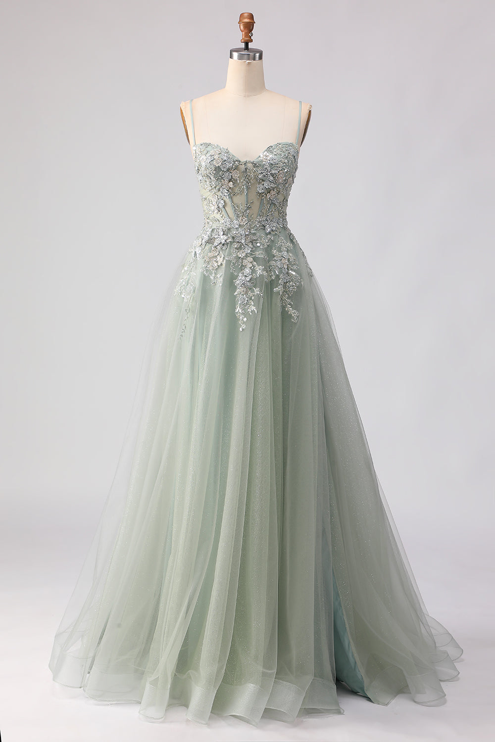 sage green long dress formal Sage Green Tulle A-line Strapless Sweetheart Neck Prom Dresses With Slit, MP936