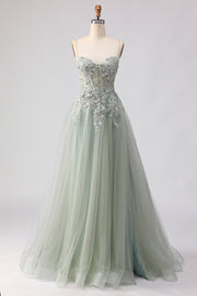 Sage Green A-Line Beaded Long Tulle Prom Dress with Embroidery