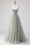Sage Green A-Line Beaded Long Tulle Prom Dress with Embroidery