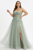 draft-Sage Green A-Line Embroidered Long Tulle Prom Dress with Slit