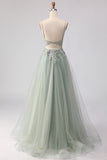 Sage Green A-Line Beaded Long Tulle Prom Dress with Embroidery