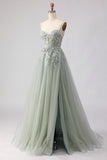 Sage Green A-Line Beaded Long Tulle Prom Dress with Embroidery