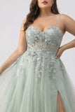 draft-Sage Green A-Line Embroidered Long Tulle Prom Dress with Slit