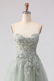 Sage Green A-Line Beaded Long Tulle Prom Dress with Embroidery