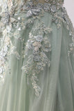 Sage Green A-Line Beaded Long Tulle Prom Dress with Embroidery