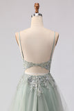 Sage Green A-Line Beaded Long Tulle Prom Dress with Embroidery