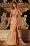 Sparkly Peach Mermaid Sequins Off the Shoulder Corset Long Prom Dress with Slit