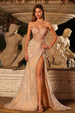 Sparkly Peach Mermaid Sequins Off the Shoulder Corset Long Prom Dress with Slit