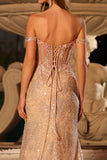 Sparkly Peach Mermaid Sequins Off the Shoulder Corset Long Prom Dress with Slit