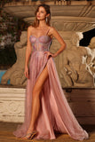 Pink A Line Beaded Spaghetti Straps Long Prom Dress with Slit