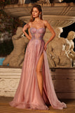Pink A Line Beaded Spaghetti Straps Long Prom Dress with Slit