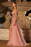 Pink A Line Beaded Spaghetti Straps Long Prom Dress with Slit