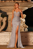 Sparkly Silver Beaded Strapless Mermaid Corset Long Prom Dress with Slit