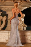 Sparkly Silver Beaded Strapless Mermaid Corset Long Prom Dress with Slit