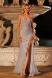 Sparkly Silver Beaded Strapless Mermaid Corset Long Prom Dress with Slit