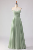 Strapless Sage Green A-Line Pleated Long Bridesmaid Dress with Lace Up Back