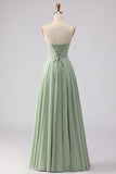 Strapless Sage Green A-Line Pleated Long Bridesmaid Dress with Lace Up Back