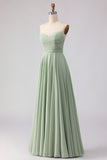 Strapless Sage Green A-Line Pleated Long Bridesmaid Dress with Lace Up Back