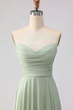 Strapless Sage Green A-Line Pleated Long Bridesmaid Dress with Lace Up Back