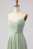 Strapless Sage Green A-Line Pleated Long Bridesmaid Dress with Lace Up Back