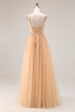 Sparkly Peach A-Line Tulle Long Prom Dress with Lace Up Back