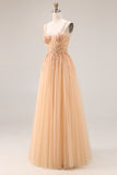 Sparkly Peach A-Line Tulle Long Prom Dress with Lace Up Back