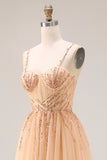 Sparkly Peach A-Line Tulle Long Prom Dress with Lace Up Back