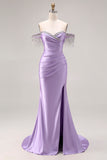 Satin Light Purple Mermaid Sweetheart Ruched Beaded Long Prom Dress with Slit
