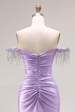 Satin Light Purple Mermaid Sweetheart Ruched Beaded Long Prom Dress with Slit
