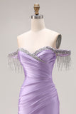 Satin Light Purple Mermaid Sweetheart Ruched Beaded Long Prom Dress with Slit