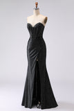 Black Mermaid Sweetheart Beaded Corset Long Prom Dress with Slit