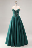 Dark Green A-Line Satin Sweetheart Corset Beaded Long Form Dress with Bow