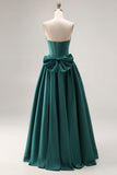 Dark Green A-Line Satin Sweetheart Corset Beaded Long Form Dress with Bow